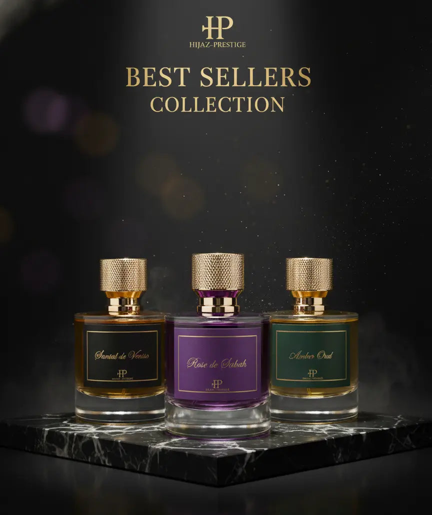 Flacons de parfum collection Hijaz Prestige alignés sur fond noir luxe