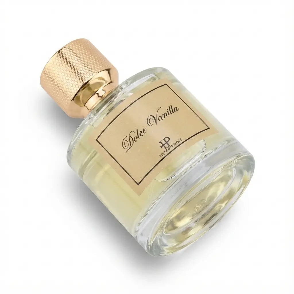 Vue de profil flacon parfum vanille gingembre Dolce Vanilla 50ml sur fond blanc Hijaz Parfum