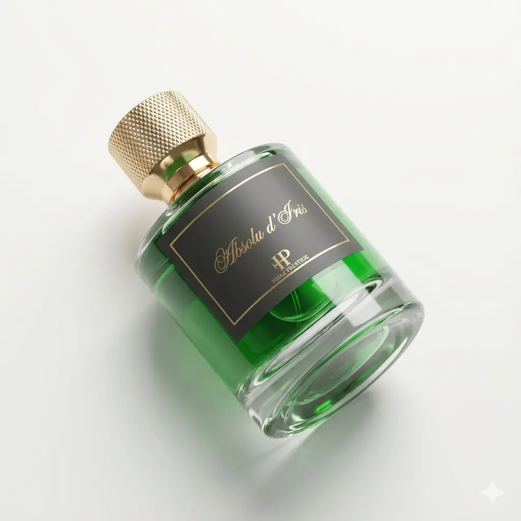 Vue de profil flacon parfum iris noble Absolu d'Iris 50ml sur fond blanc Hijaz Parfum