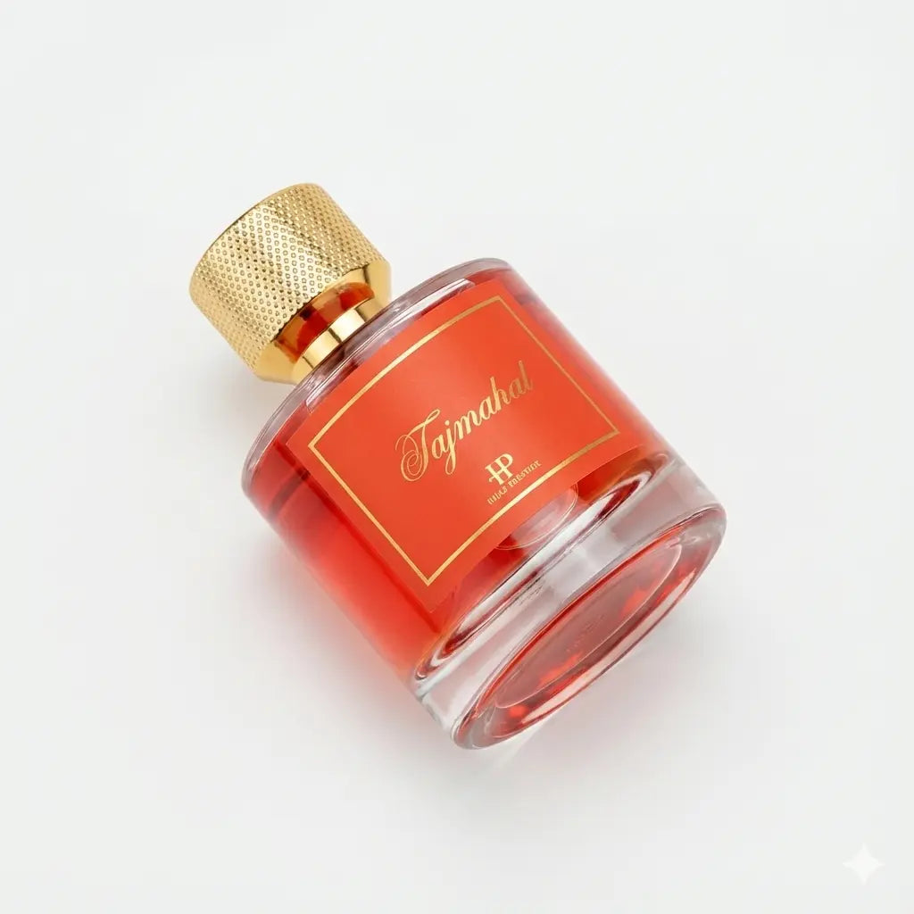 Vue de profil flacon parfum floral intense Tajmahal 50ml sur fond blanc Hijaz Parfum