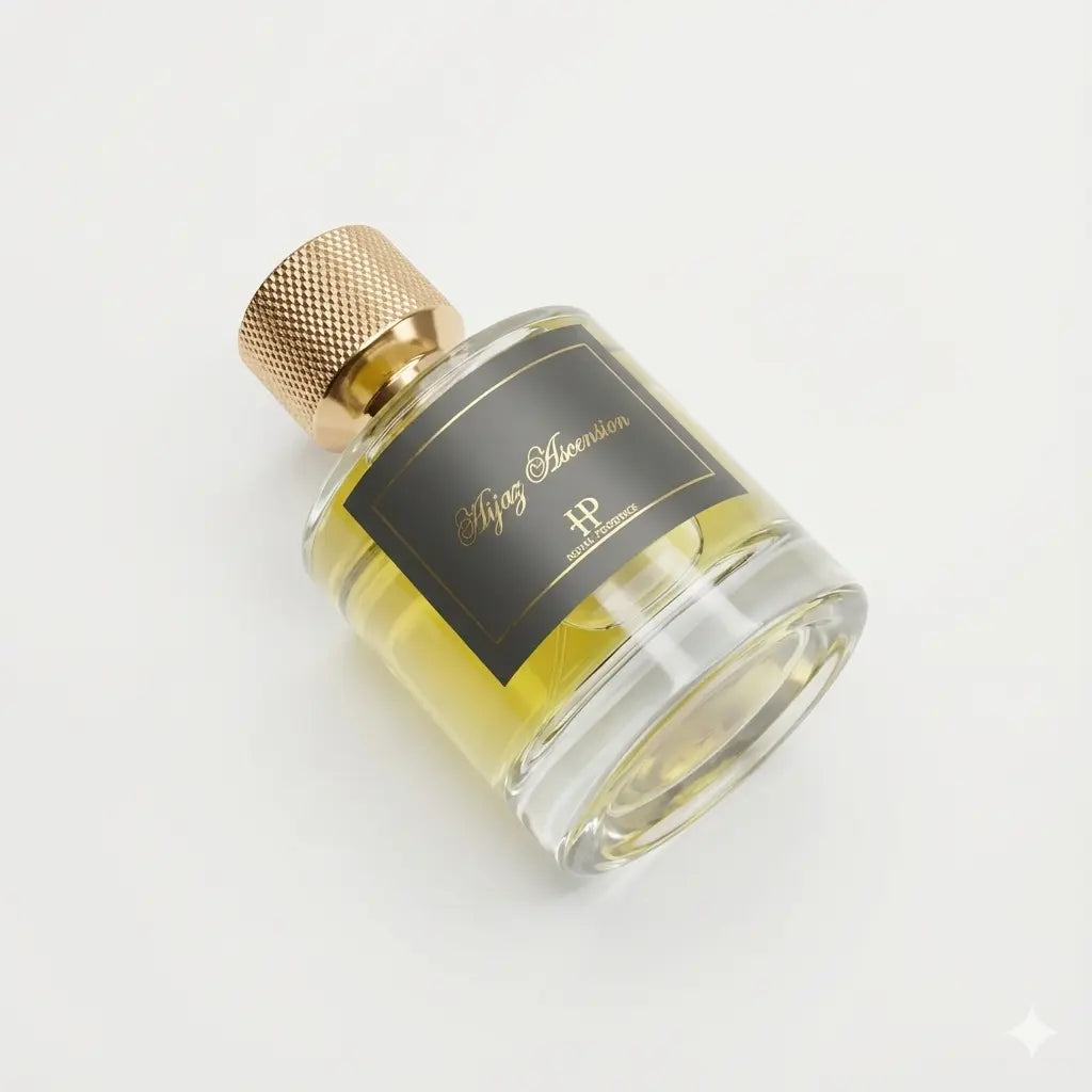 Vue de profil flacon parfum frais et aérien Hijaz Ascension 50ml sur fond blanc Hijaz Parfum