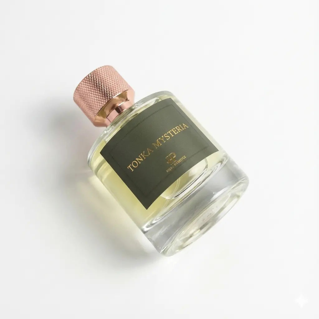 Vue de profil flacon parfum amande poudrée Tonka Mysteria 50ml sur fond blanc Hijaz Parfum