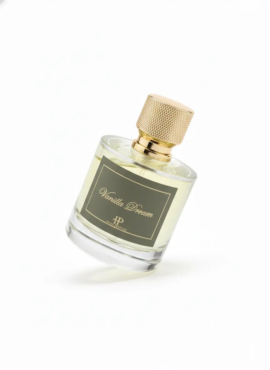 Vue latérale flacon parfum poudré Vanilla Dream sur fond blanc Hijaz Parfum
