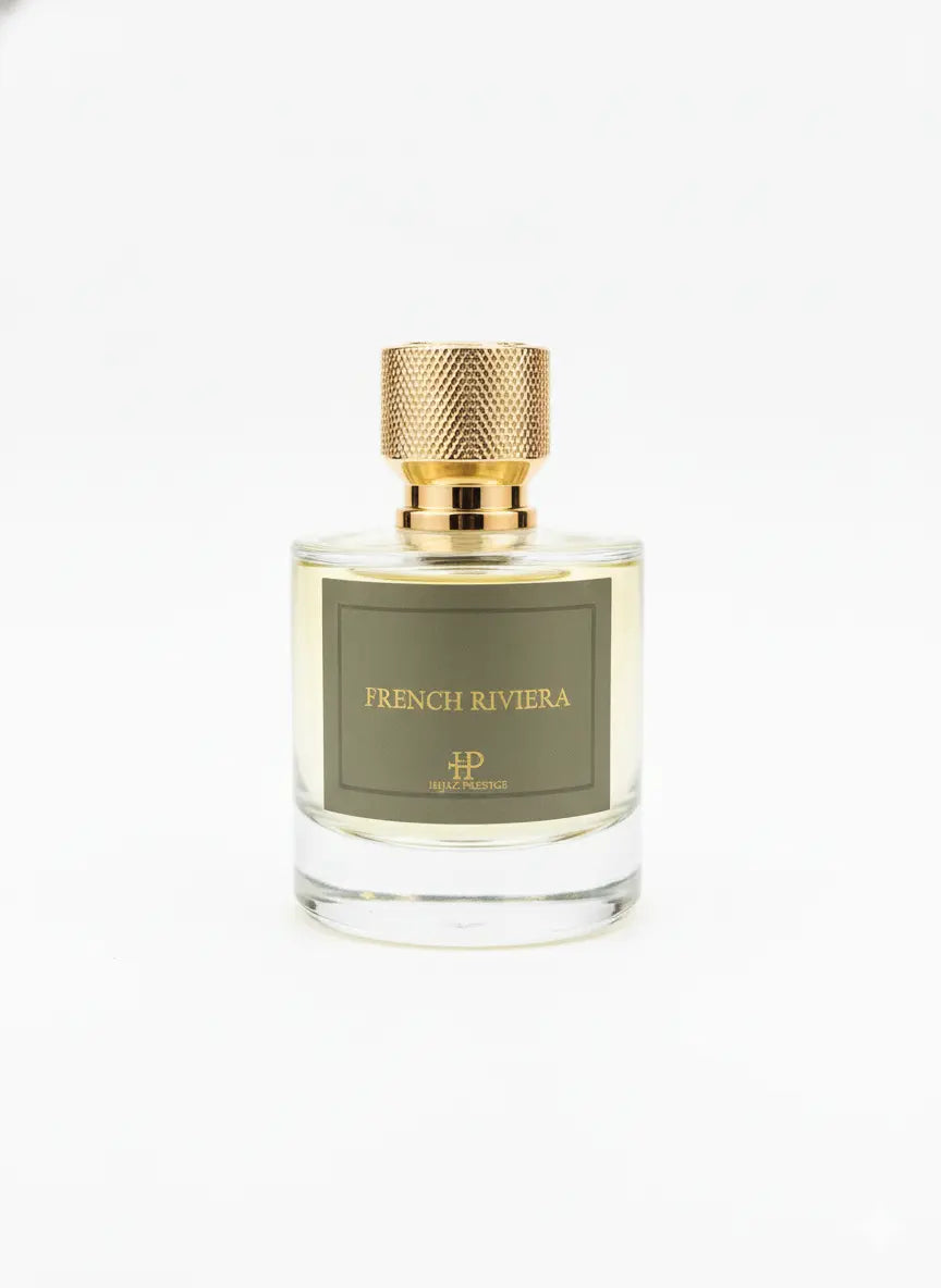 Vue de profil flacon parfum frais et solaire French Rivera 50ml sur fond blanc Hijaz Parfum