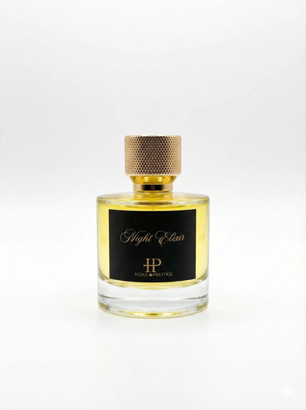 Flacon de parfum Night Elixir 50ml boisé fruité vue de face fond blanc Hijaz Parfum